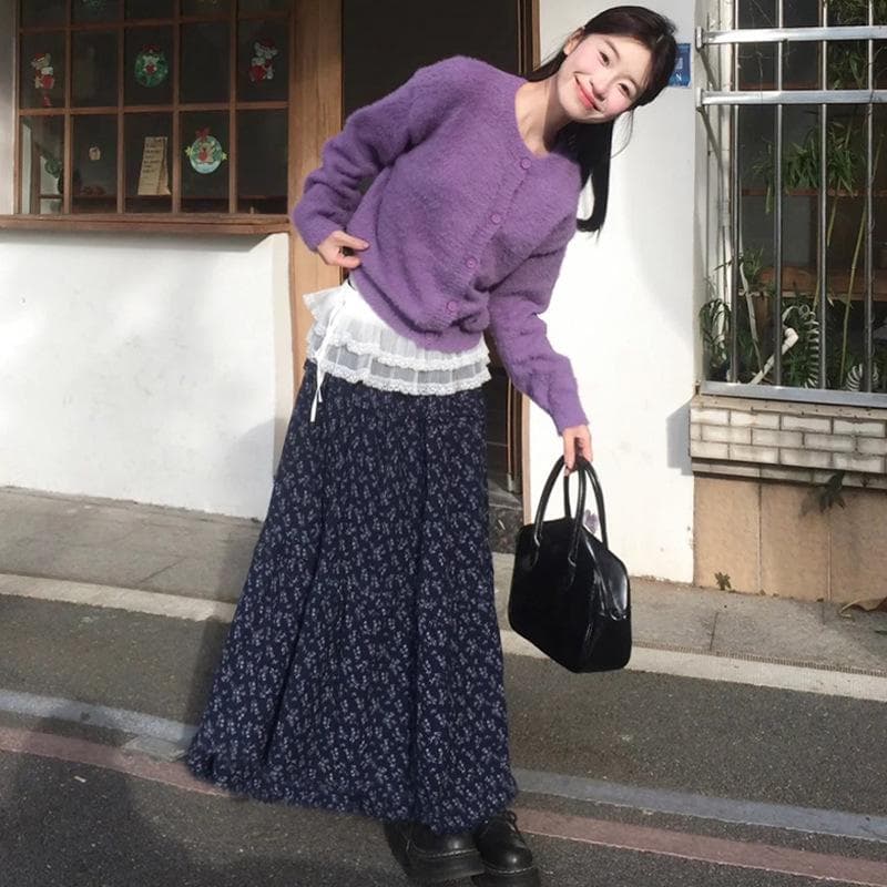 Purple Floral Skirt for Women In Spring and Autumn New Style Small High-waisted A-line Long Skirt with Sweater Skirt XL navy blue