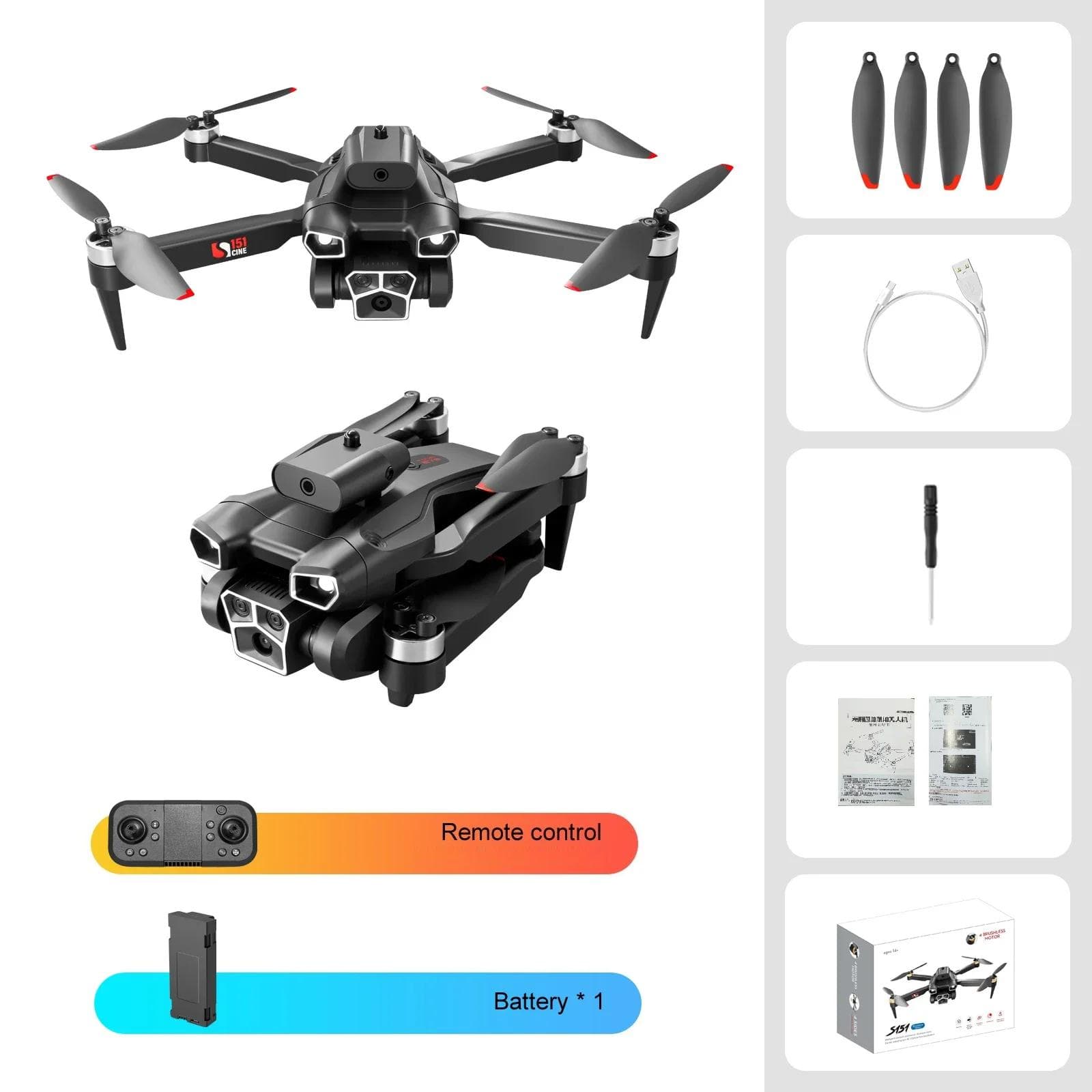 New S151 UAV HD Three Camera Brushless Intelligent Obstacle Avoidance Wifi FPV Optical Flow Positioning Hovering Quadcopter Toys and Gifts 1 battery black