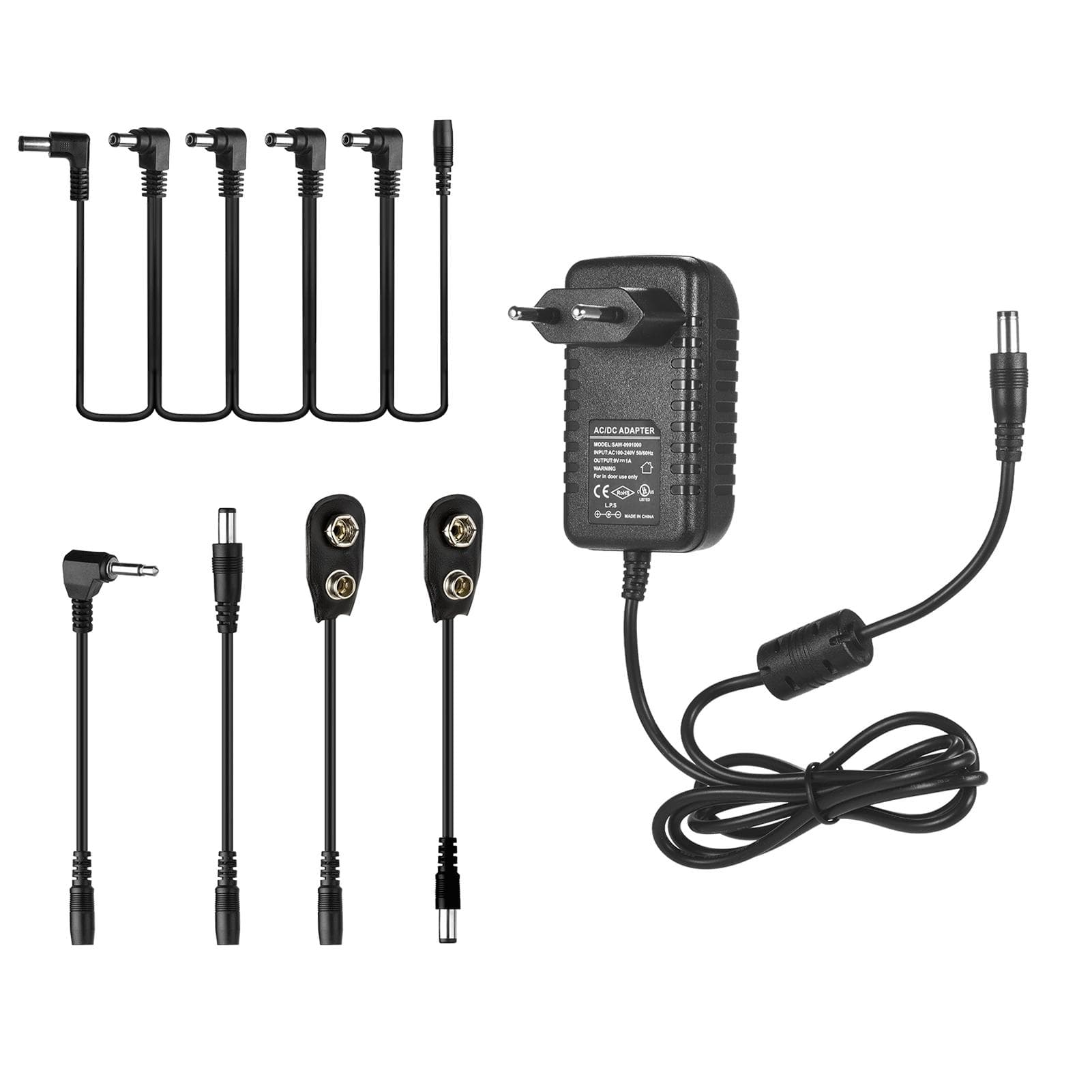 Caline CP-07A Guitar Effects Power Supply Adapter DC 9V 1A with 5-Way Daisy Chain Cable Reversed EU Plug black