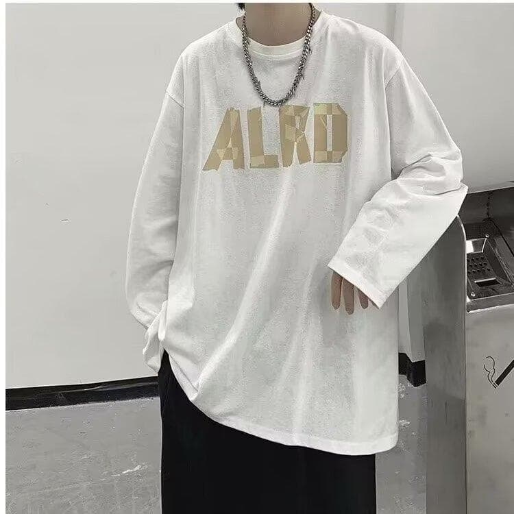 2024 Men's Long-Sleeved T-shirt Autumn Undershirt Long Sleeve Cotton Autumn Hong Kong Style Printing Loose Trendy Top 7XL white