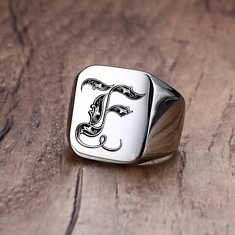 Retro Initials Signet Ring for Men Bulky Heavy Stamp Male Band Stainless Steel Letters Jewelry 11