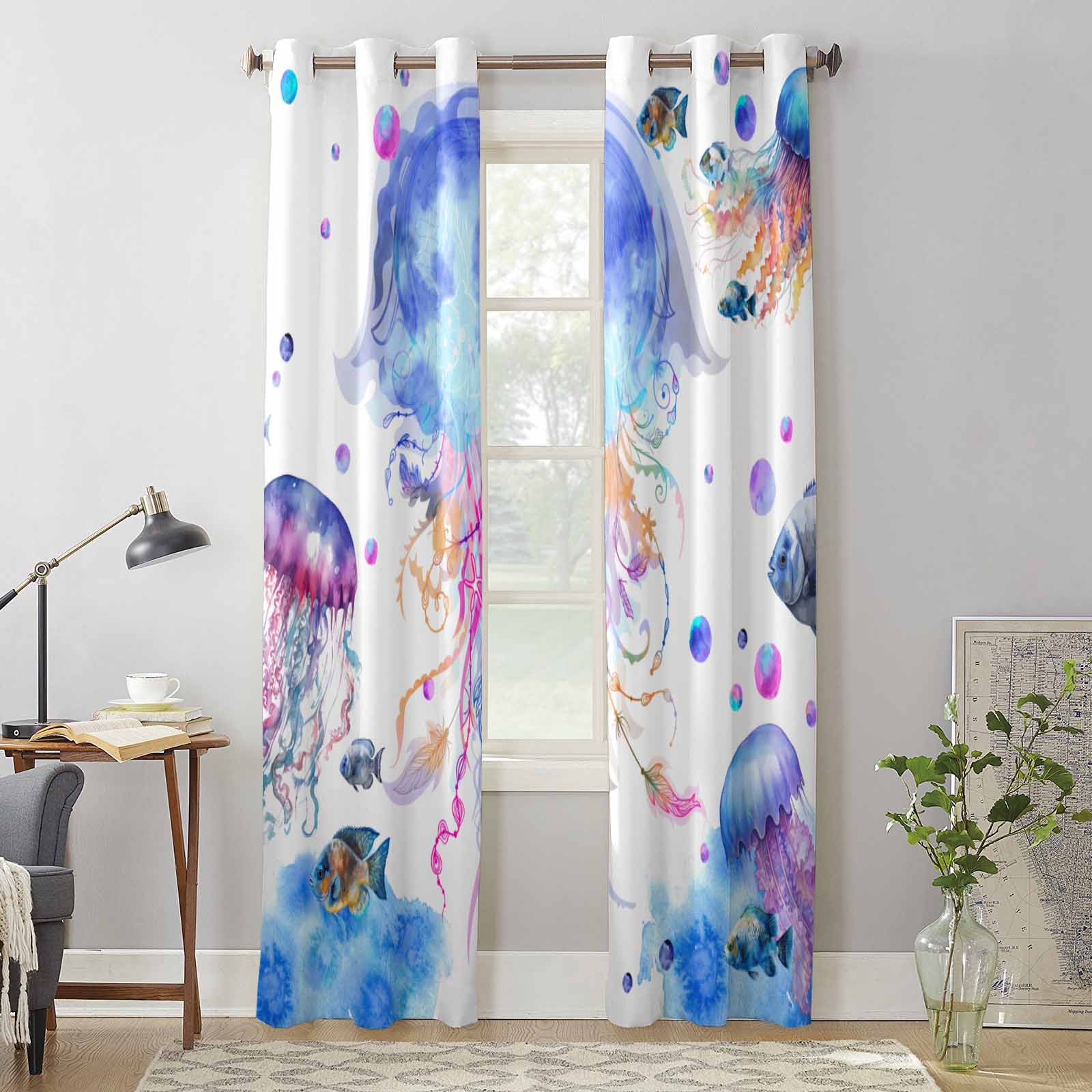 Summer Sea Life Jellyfish Watercolor Window Curtains for Living Room Luxury Bedroom Curtain Kitchen Blinds Drapes Curtains 135W x 60H(cm) x1
