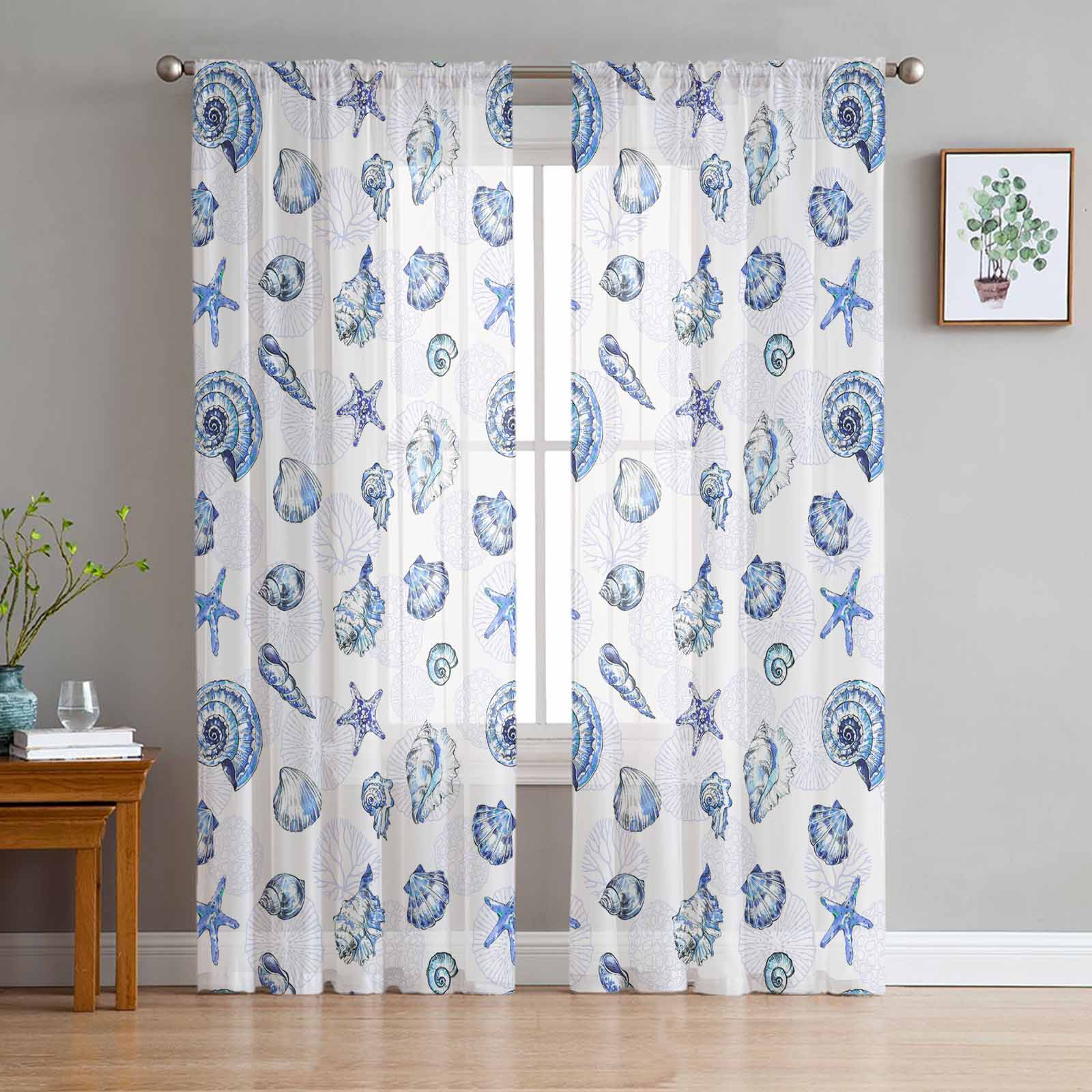 Starfish And Shell Coral Retro Window Tulle Curtains for Living Room Bedroom Hotel Luxury Decoration Sheer Curtains 135W x 114H(cm)