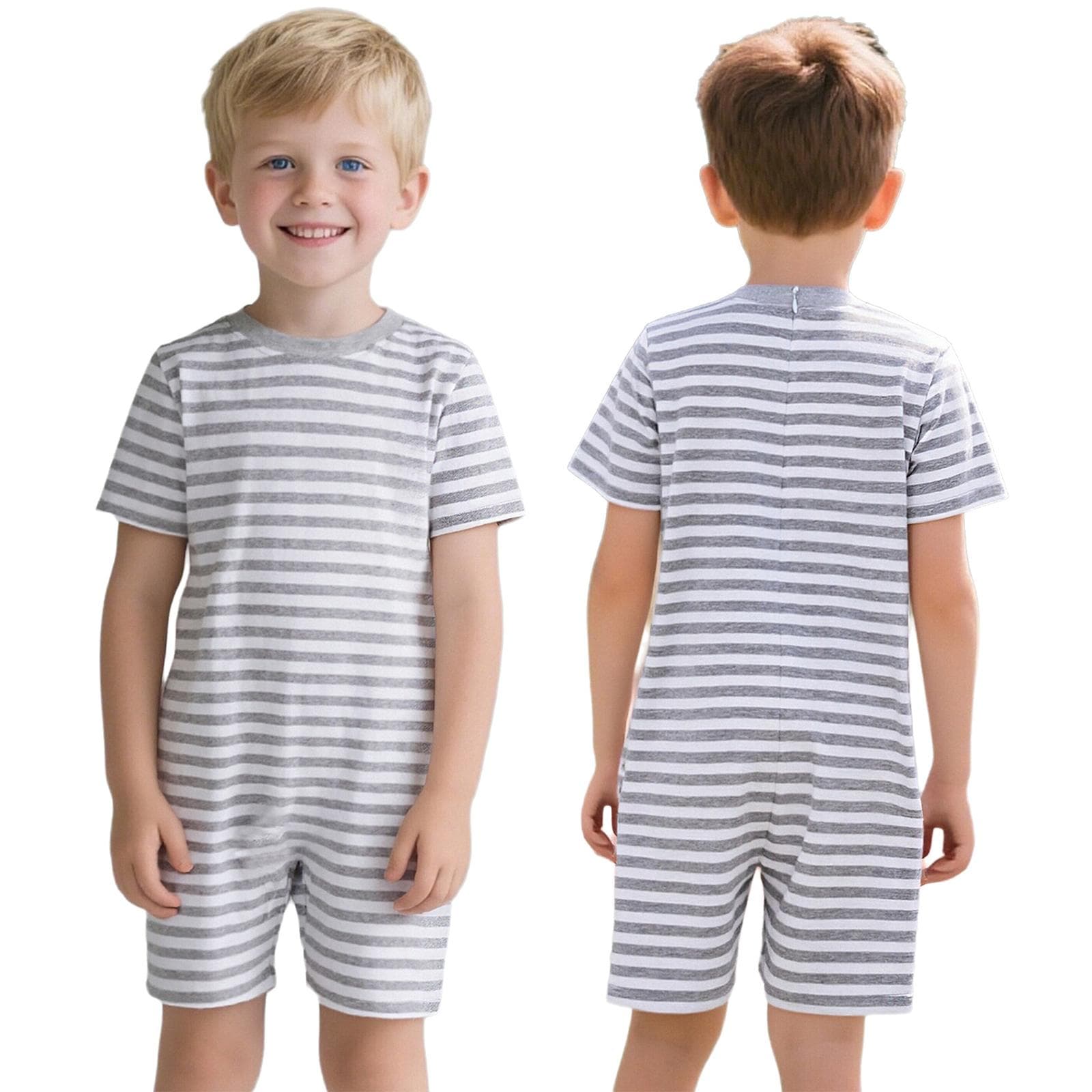 Unisex Kids Special Needs Adaptive Jumpsuit: Round Neck Short Sleeve, Thigh-Length, Anti-Strip Back Invisible Zipper, Striped 5-6 Years grey