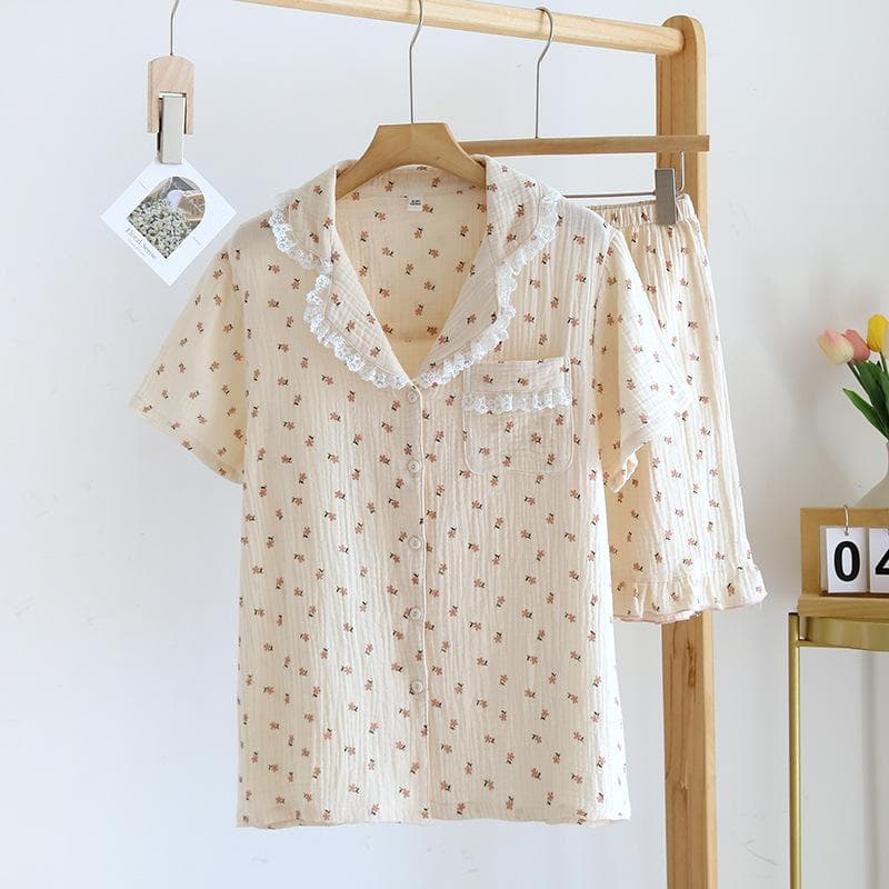 New Style Summer Cotton Short-sleeved Shorts Pajamas Suit Women Double Gauze Cute Strawberry Thin Home Service Women XL