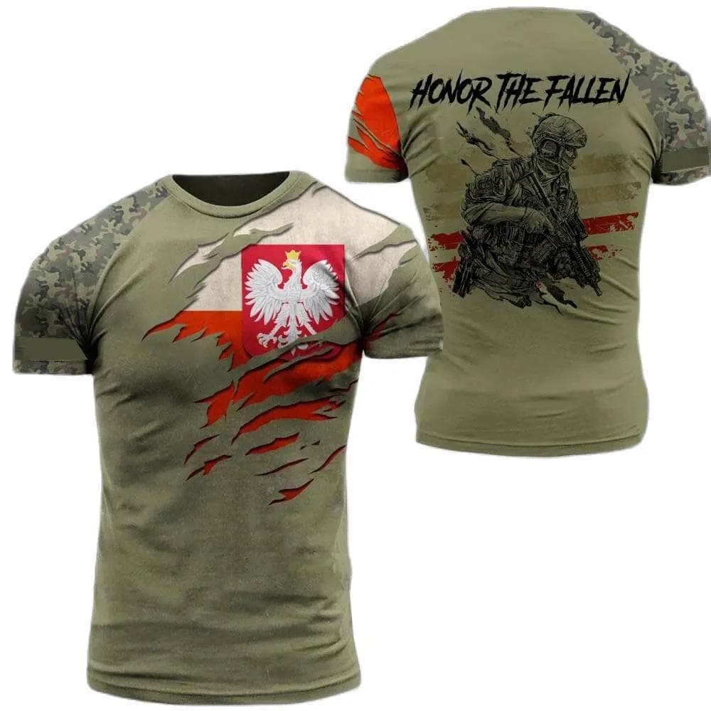 Polish Flag Camouflage Print 3D T-shirt Round Neck Men's Short Sleeve Soldiers Army Quick Dry Loose Comfortable New Sports Top M