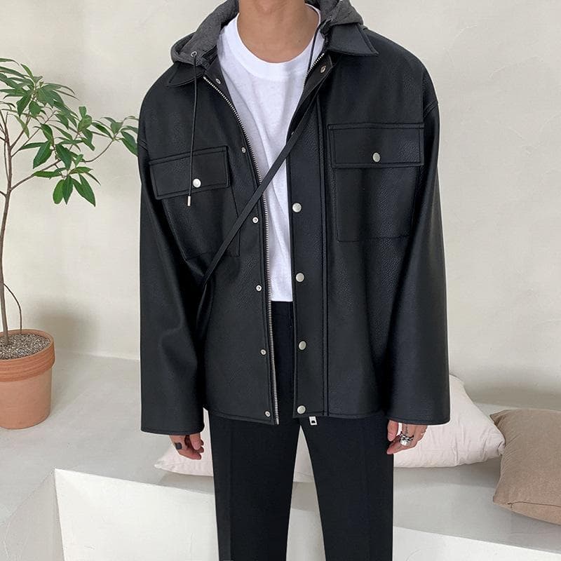 Detachable Hooded Leather Jacket for Men Korean Style Trendy Motorcycle Suit Pilot Loose Leather Jacket 2XL black