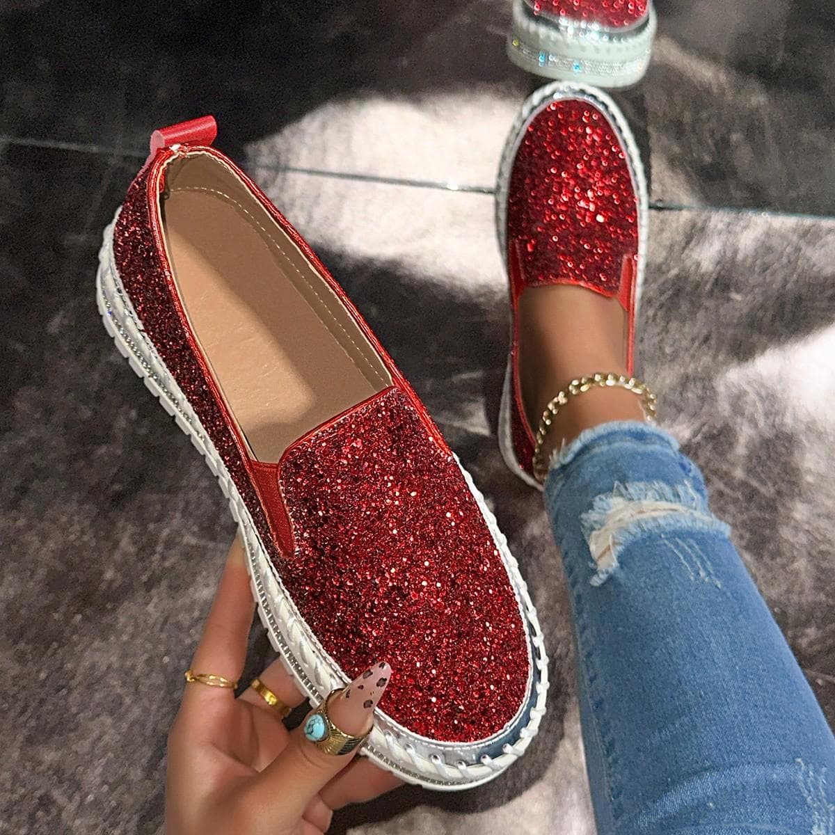 Casual Large Size Sequins Casual Women'S Shoes Comfortable To Wear Outside Thick-Soled Wind Single Shoes Women 41 red