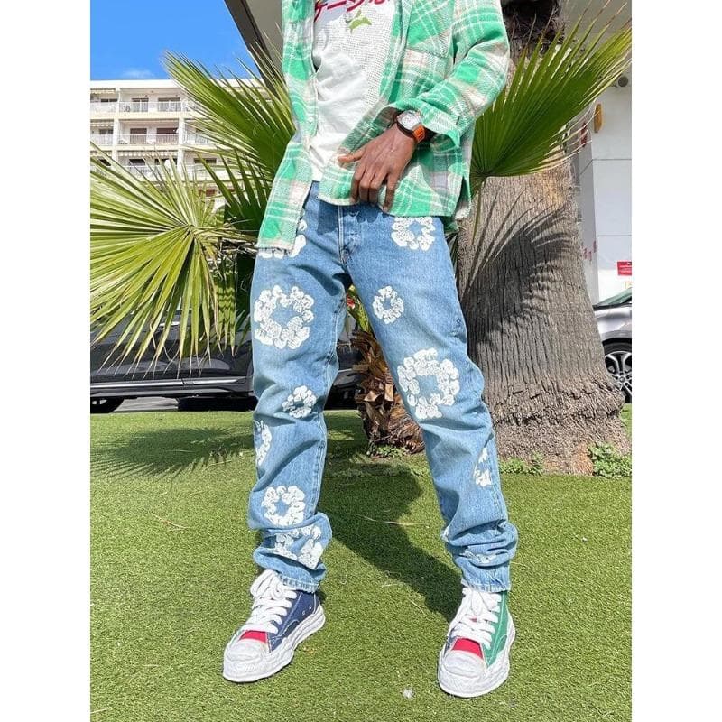 Loose Jeans Clothes Street Clothing Casual Flower Printed Jeans Men M