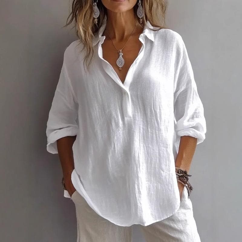 Spring Summer Solid Color Casual Loose Long Sleeved Linen V-neck Shirt for Women Blouses Shirt XXL white