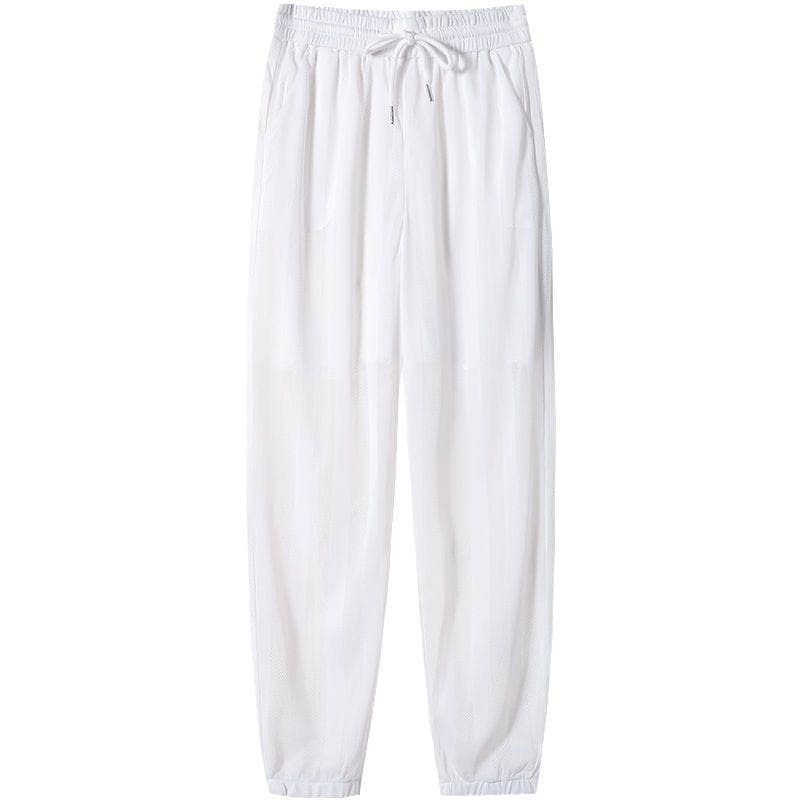 New Ice Wire Mesh Wide-leg Pants for Women In Summer Thin Sun Protection Cool Chiffon Buckle Feet Harun Casual Pants 2XL white
