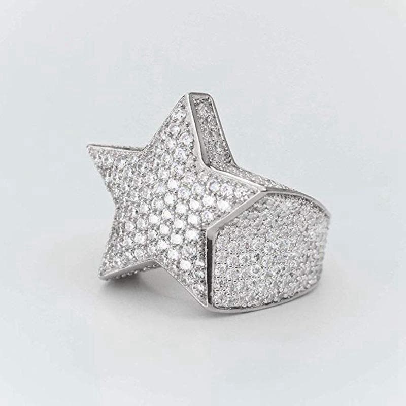 Hip Hop Five Star Rings Rhinestones Zircon Pentagram Rings 7 silver