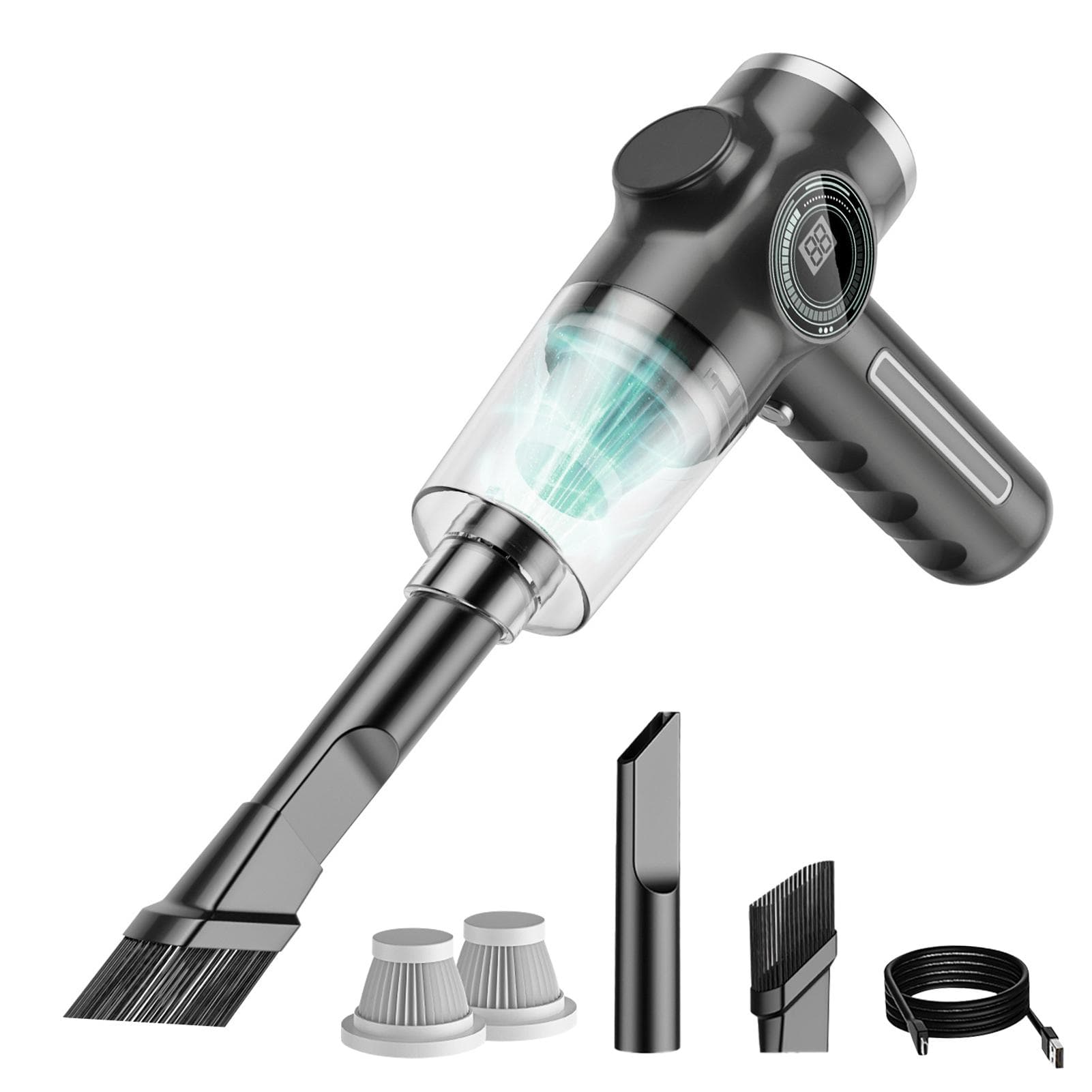 Portable Vacuum Cleaner for Home Car with Flat and Brush Nozzle Battery Display Dightal Screen 2 Filters black