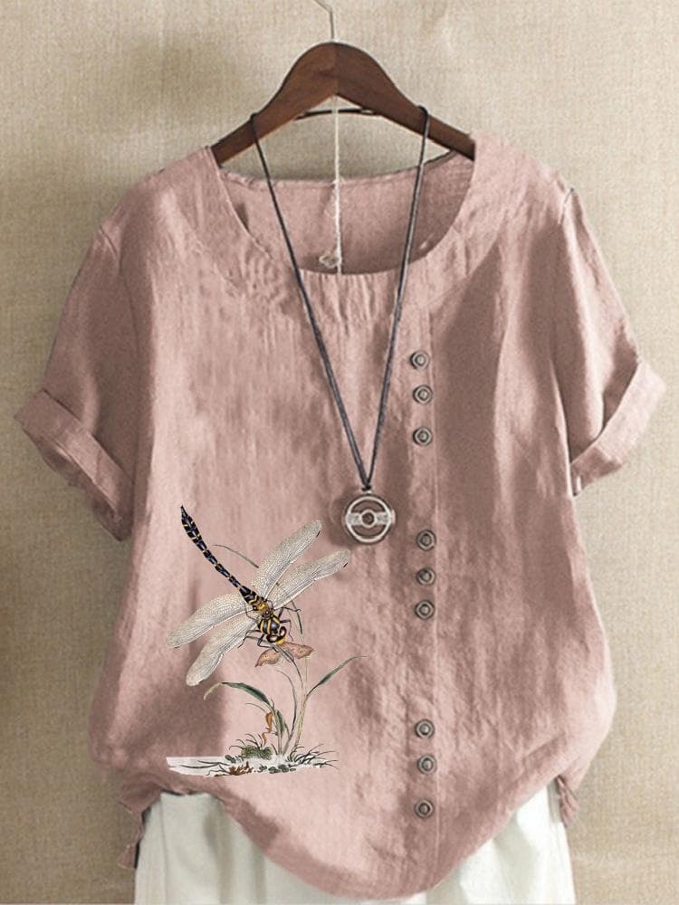 Summer Casual Dragonfly Print Loose T-shirt Retro Cotton and Linen O-neck Plus Size Short-sleeved Women's Top XS-5XL S pink