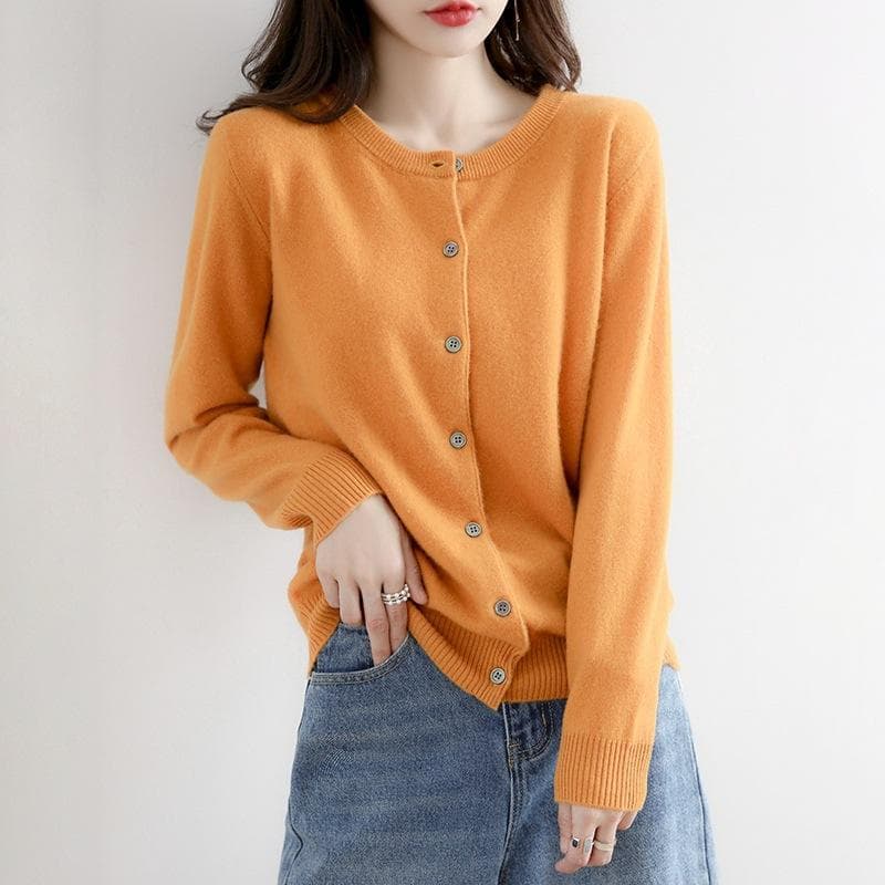 Spring and Autumn knitted sweater women's cardigan jacket solid color round neck Slim knitted outer sweater S yellow