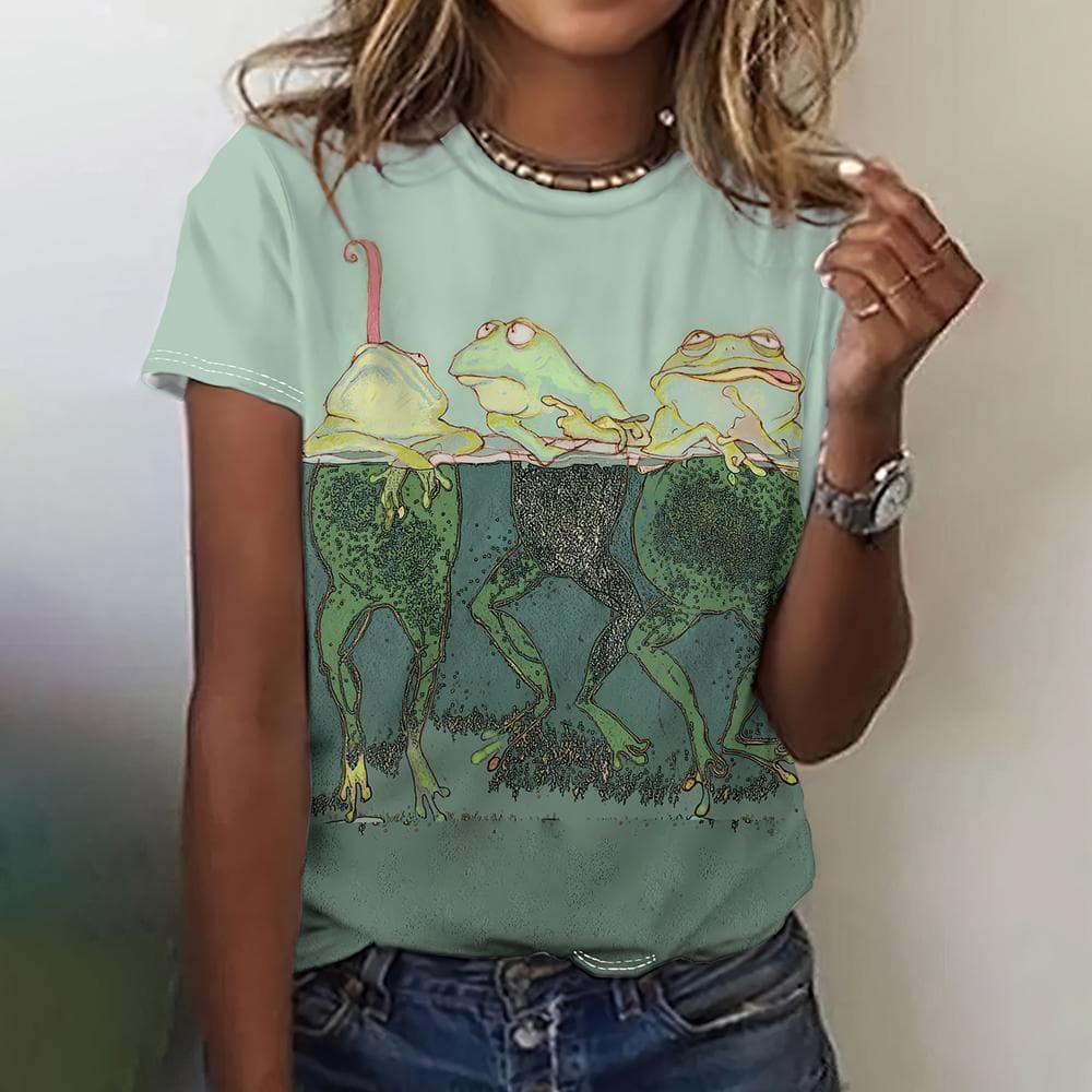 3d Frog Print Fashion Women Cartoon T-Shirts O-Neck Casual Ladies Female O-Neck Top Funny Short Sleeve Loose Woman Clothing XL