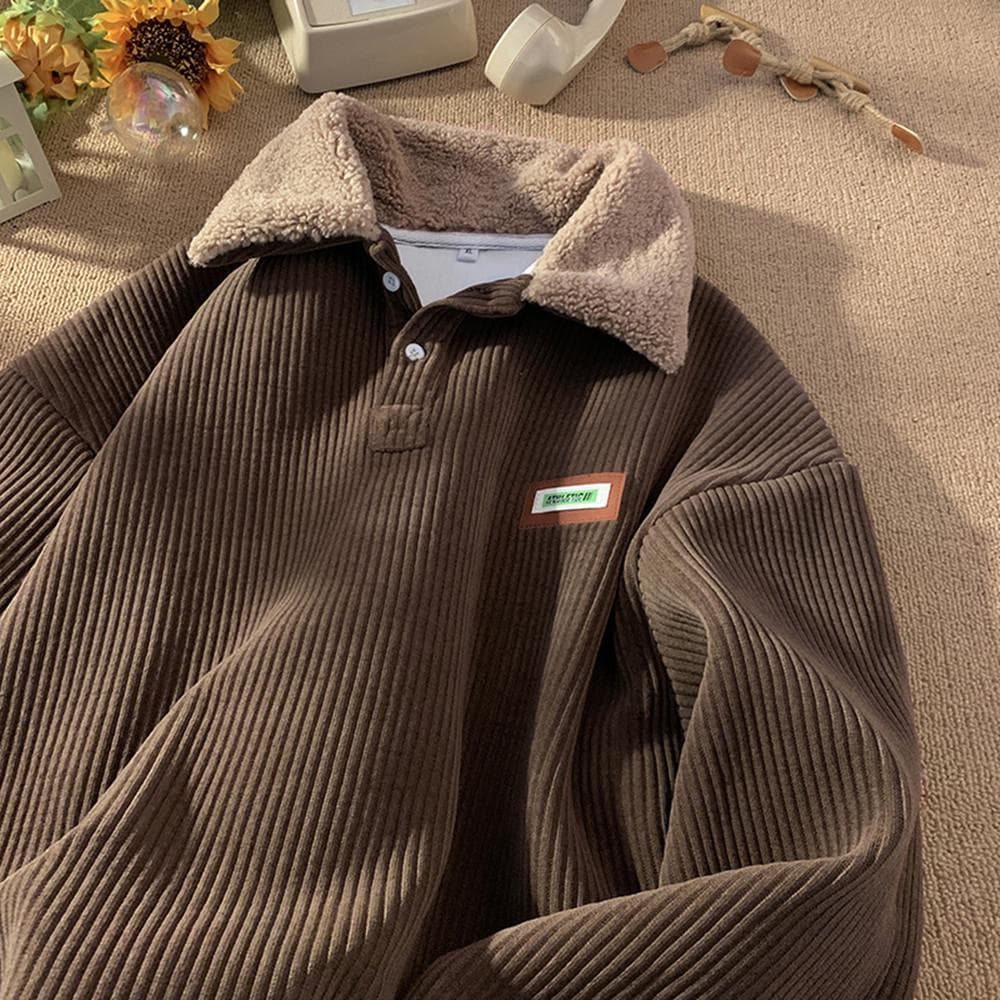 Men's Corduroy Polo Collar Sweatshirt with Lamb Wool Lining - Autumn/Winter Style L brown