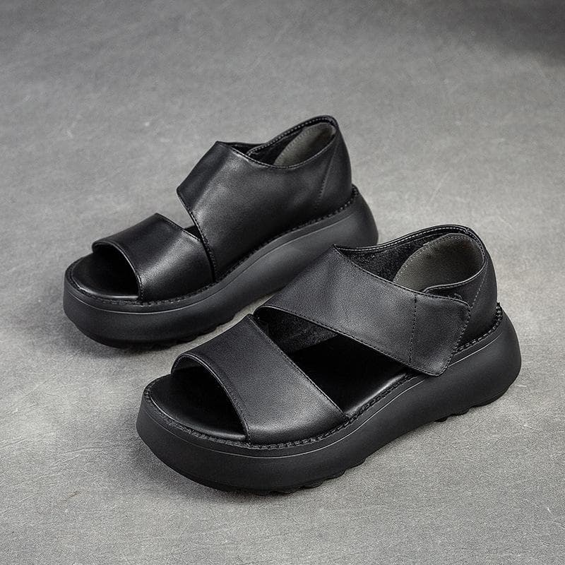 Johnature Women Sandals Thick Sole Peep Toe Platform Shoes Genuine Leather Vintage Comfortable Sandals 39 black