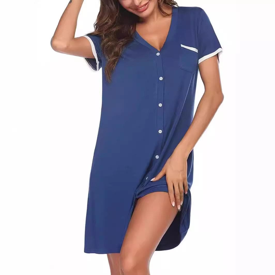 Women's V-neck Short-sleeved Contrasting Color Home Wear Simple Women's Short Nightgown Summer Mid-length Dress with Pockets S