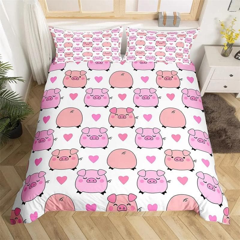 Pink Pig Comforter Cover Cartoon Pig Pattern Bedding Kawaii Animal Sweetheart Floral Print Duvet Cover Children Boys Room Decor 135x200cm 2pcs
