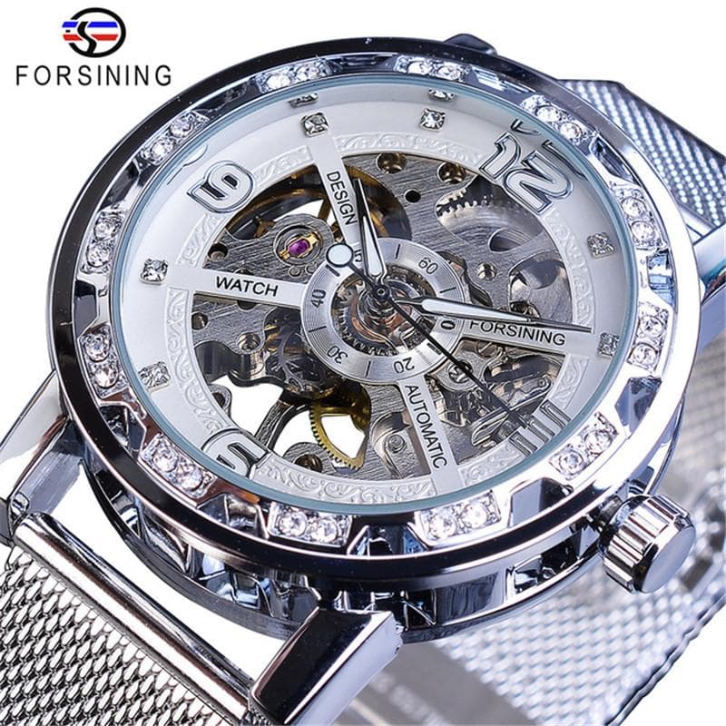 Forsining Watch Men's Fashion Casual Classic Popular Mesh Belt Hollow Rhinestone Manual Mechanical Watch