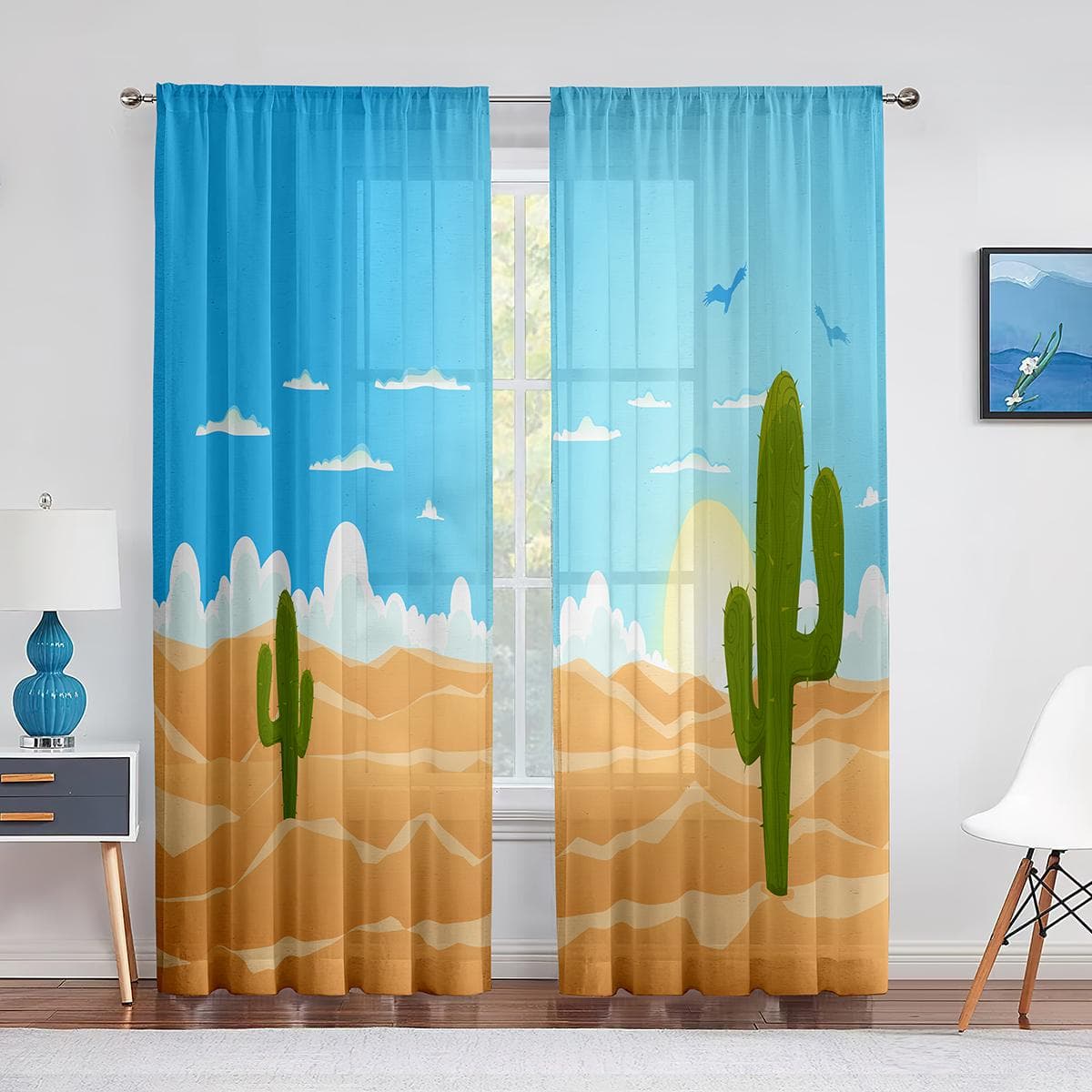 Wild Cactus Tropical Plant Leaf Sheer Curtain for Living Room Bedroom Voile Drape Kitchen Window Tulle Curtains Home Essentials 1 PCS W100XH250cm&Grommet Top