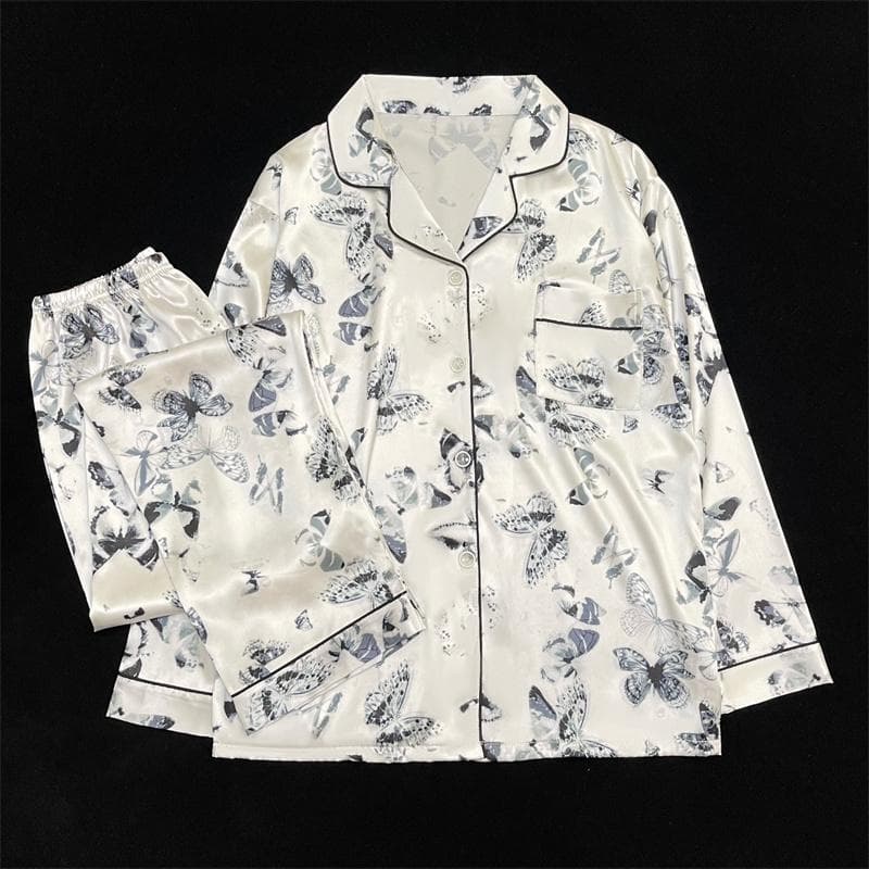 Autumn Winter New Lapel Cardigan Lounge Sets Womens 2 Piece  Sleep Wear Women Senior Printing Pajama Suit Women M