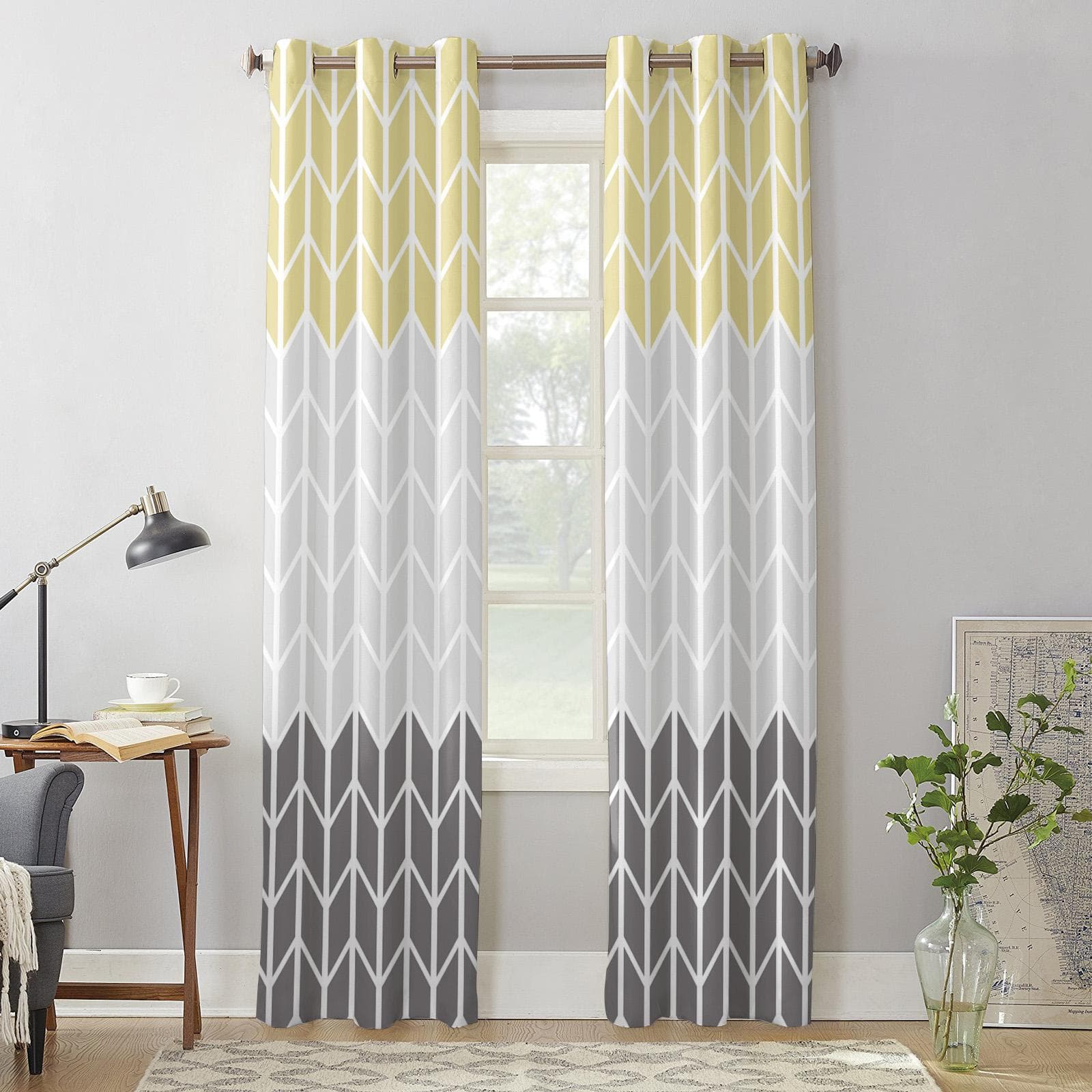 Geometric Yellow Gray Window Curtains for Living Room Kitchen Curtain with Valance Kids Room Home Decor 135W x 60H(cm)