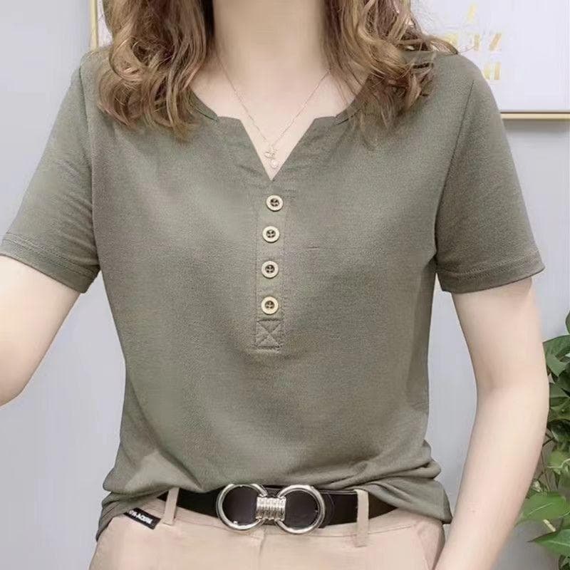 New Summer V-neck Solid Color Top Small Shirt Loose and Slim and Versatile Outside Wear Short-sleeved T-shirt for Women 4XL grey