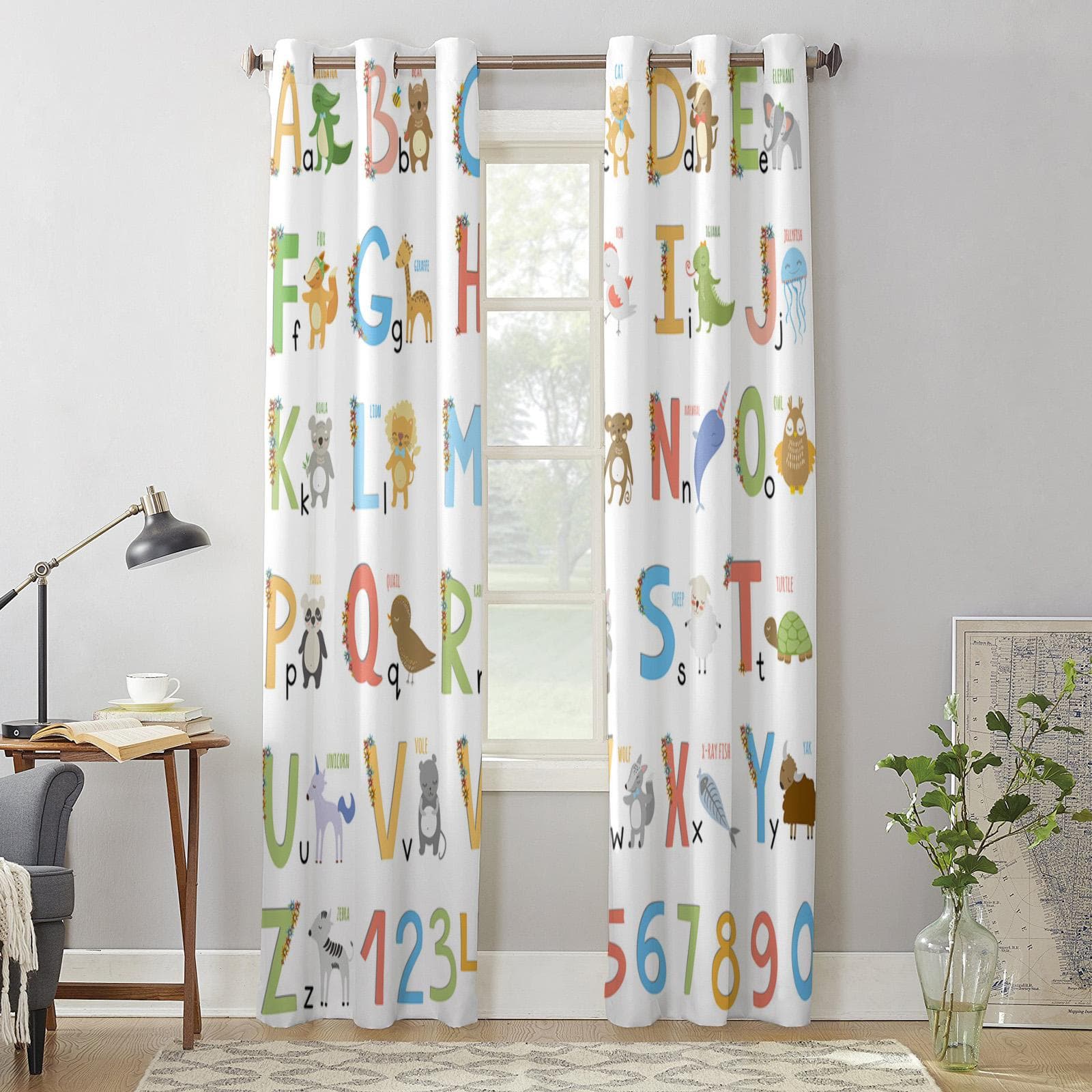 Children'S Alphabet Animals Modern Window Curtains for Living Room Bedroom Curtain Kitchen Treatment Blinds Drapes 135W x 60H(cm) x1