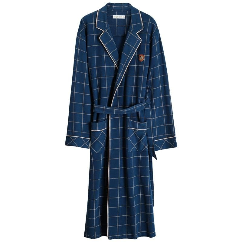 Spring and Autumn Bathrobe Men's 100% Cotton Sleeping Top Kimono Robe Men's Plaid Long Bathrobe Bridal Robe Dressing Gown L