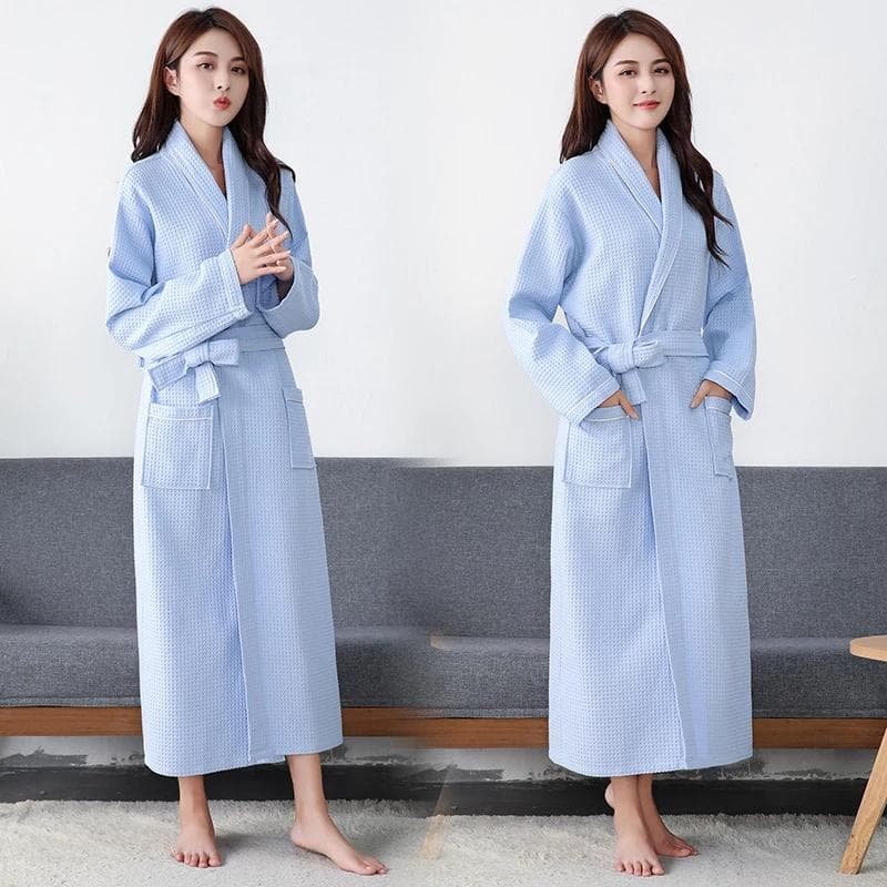 Bathrobe Women Waffle Cotton Extra Long Robe Solid Robe Female Long Soft Casual Sleepwear Pajamas For Women Home Robe Sping XL light blue