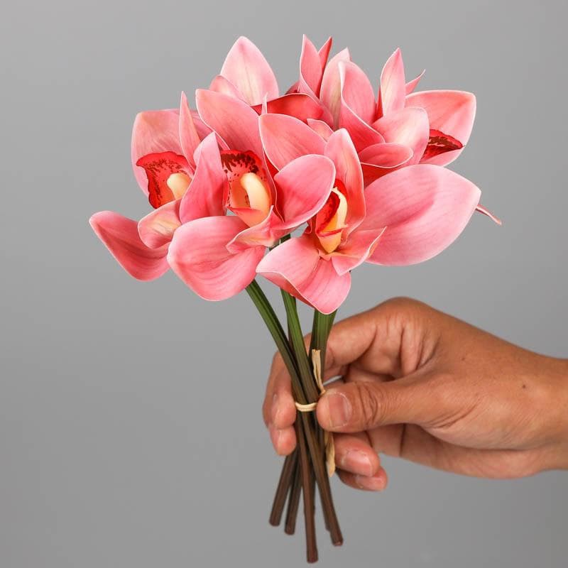 A Set Of 6pcs Simulated Bouquet Cymbidium Magnolia Hand Holding Flower Hand Binding Cymbidium Silk Flower Home Decoration Wedding pink