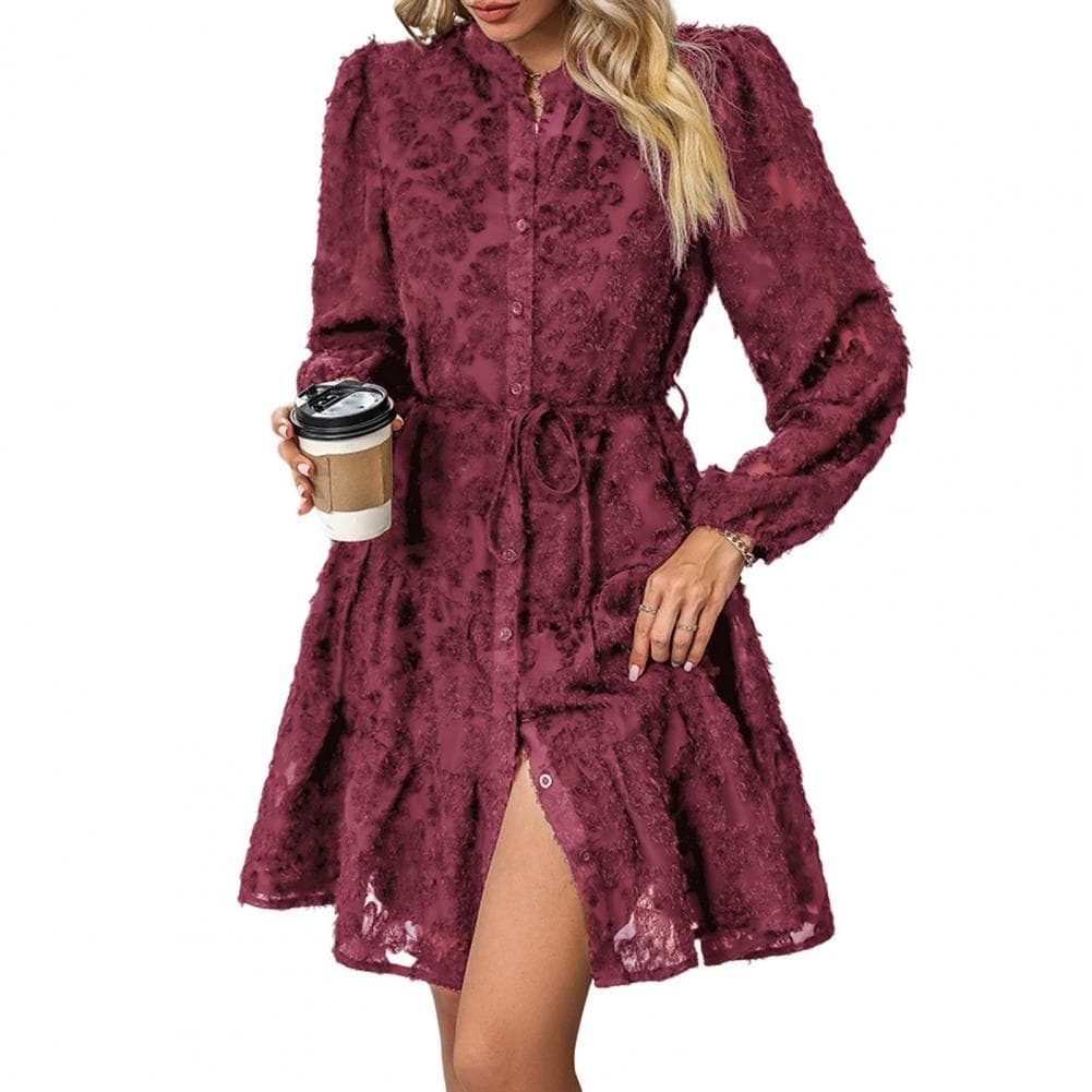 Women A-line Dress Elegant Lace Midi Dress for Women with Long Sleeves Slim Waist for Fall Spring Parties Dates Round Neck Midi S wine red