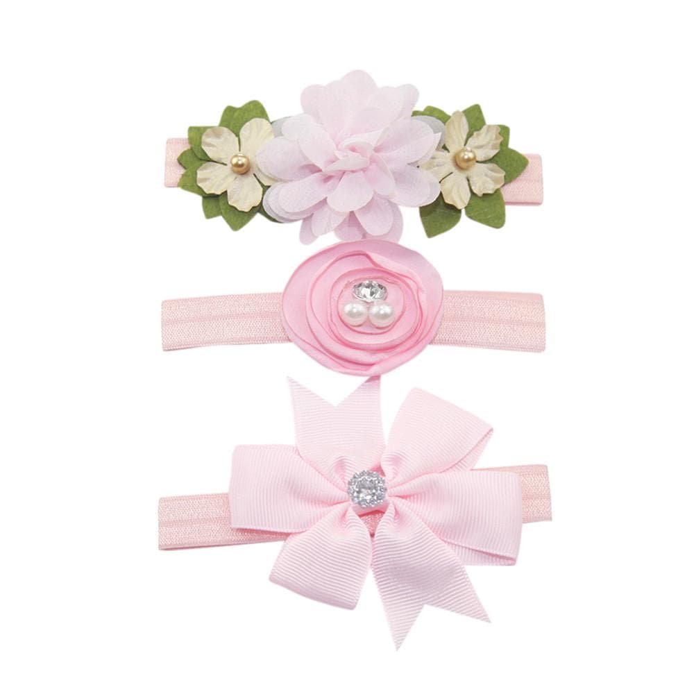 3Pcs Kids Elastic Floral Headband Pearl Hair Girls baby Bowknot Hairband Set pink