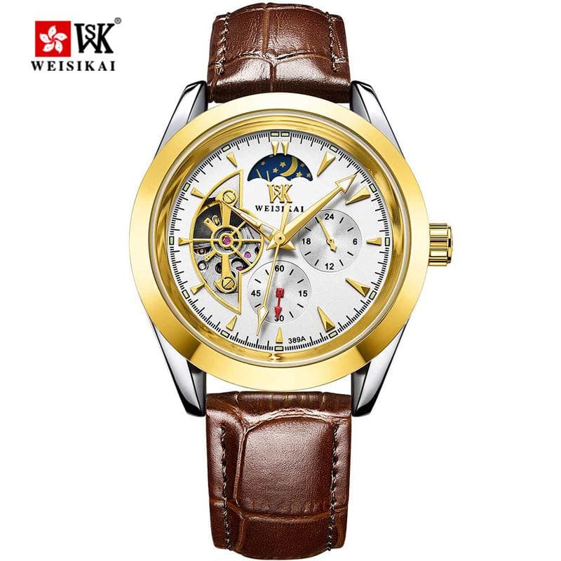 WEISIKAI Men Watches New TOP Brand Luxury Men's Watch With Box Waterproof Luminous Leather Automatic Men's Mechanical Watches gold/white