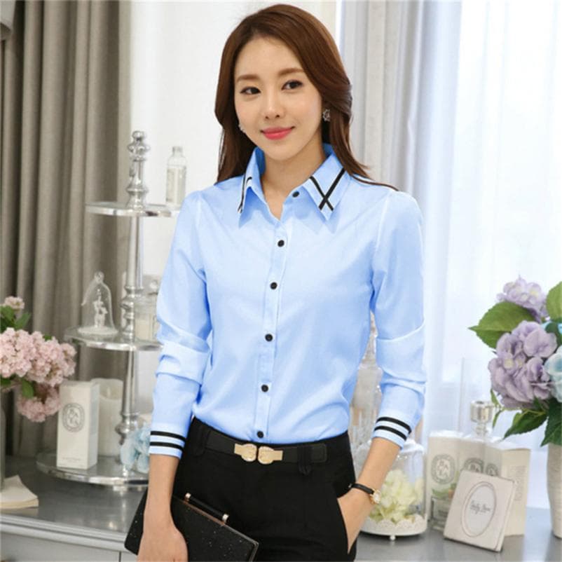 Fashion Long Sleeve Turn Down Collar Formal Elegant Ladies Shirt Female Tops School Blouse Office Work Wear Business Casual Stylish White Blouse S