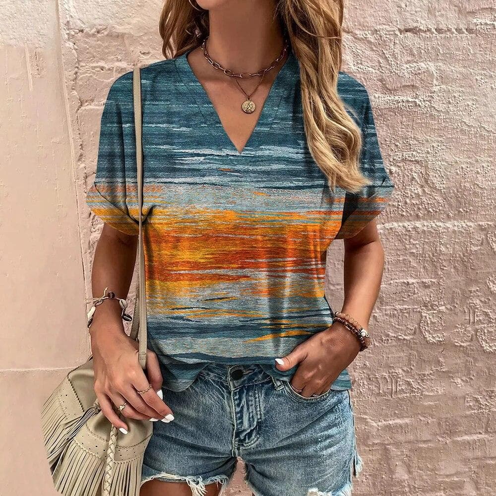 Retro Women's T-Shirt Summer V-Neck Short Sleeve Tee Casual Harajuku Stripe Print T Shirt for Women Streetwear Pullover Tops New S