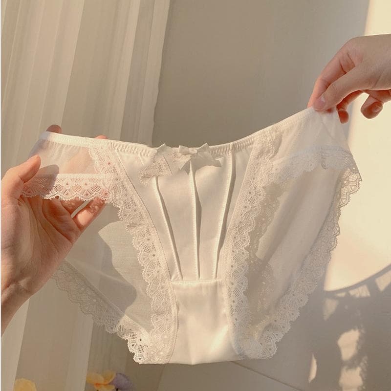 French Vintage Satin Pure Desire White Lace Underwear for Women Sexy Mesh Low Waist Lightweight Underwear for Girls Triangle Pants L white