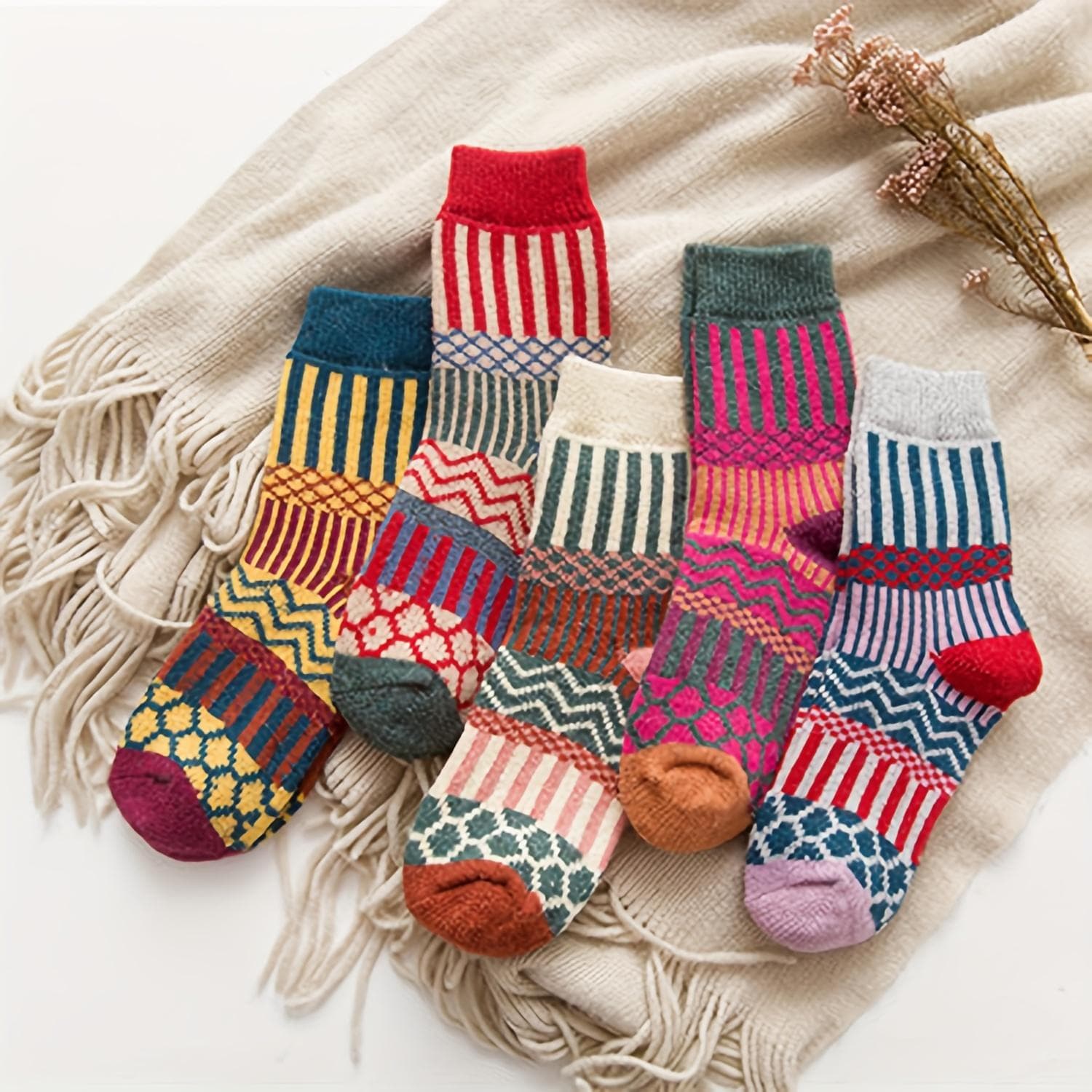 5 Pairs Patchwork Striped Socks, Retro Ethnic Style Mid Tube Socks For Fall & Winter, Women's Stockings & Hosiery One-size