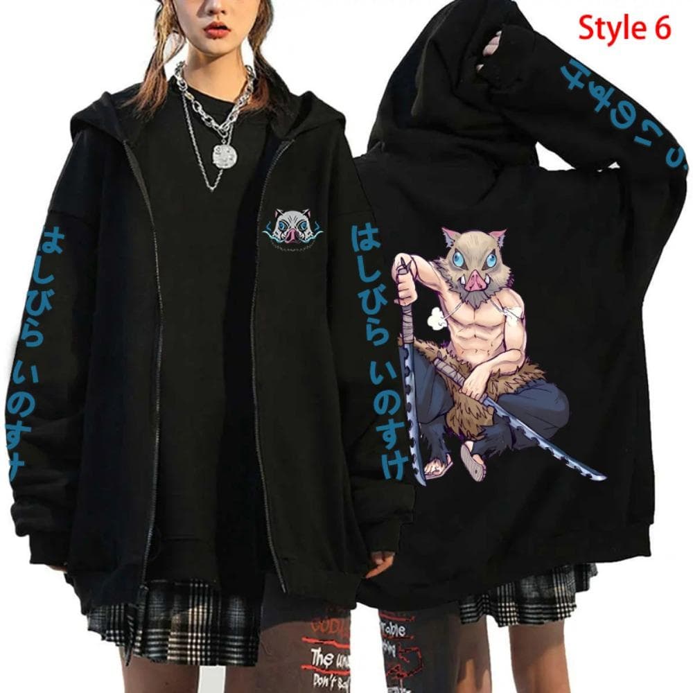 Hot Anime Hashibira Inosuke Printing Zipper Hoodies Women Men Fashion Y2k Personality Zipper Long Sleeve Hooded Sweatshirt L