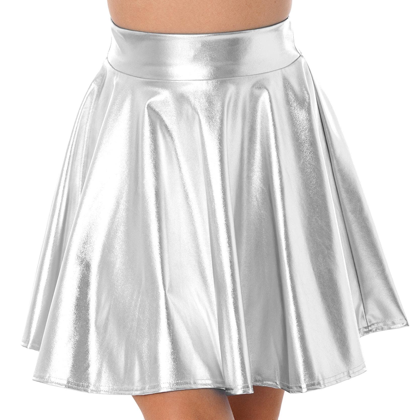 Womens Shiny Metallic Ruffle Glossy Mini Skirts Punk Party Clubwear Streetwear High Waist Flare Skirt Rave Cocktail Costume L silver