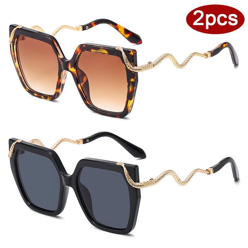 2pcs Trendy Large Square Sunglasses Women Leopard Metal Frame Gradient Lens Snake Decor Eyewear