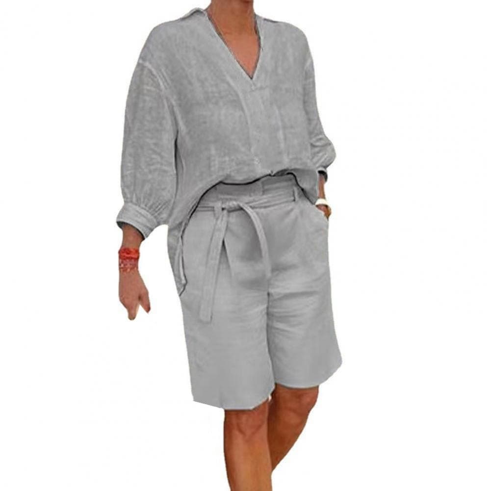 2 Pcs/Set Women Shirt Shorts Set Solid Color Three Quarter Sleeves V Neck Blouse High Waist Loose Knee Length Pants Set Casual O XL grey