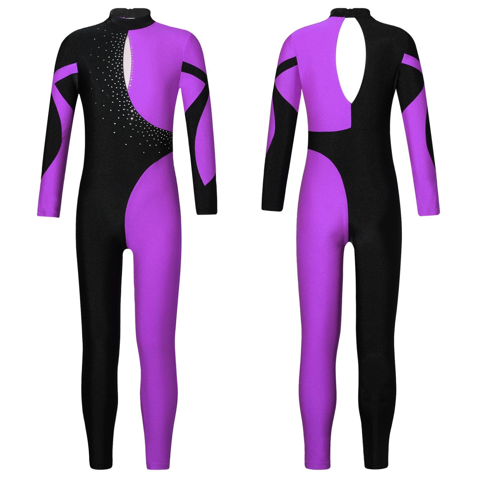 Kids Girls Stylish One Piece Skating Clothing Long Sleeve Stand Collar Shiny Rhinestone Decor Dance Leotards 11-12 Years purple