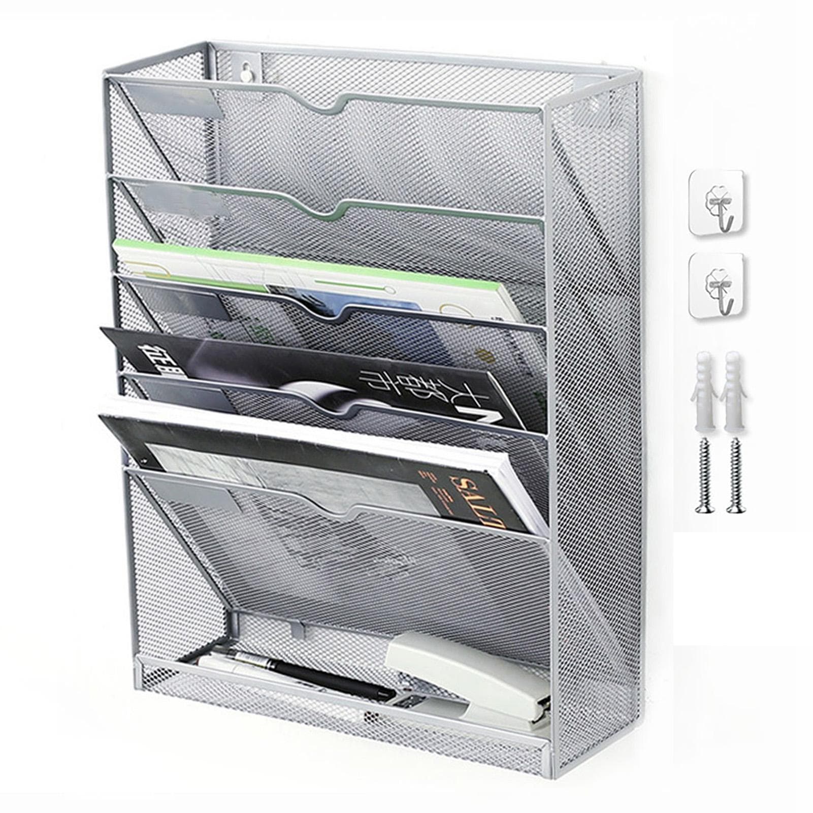 5 Tier Wall File Organizer Vertical Placement Glossy Edges Wall Mount File Holder with Hanging Hole silver