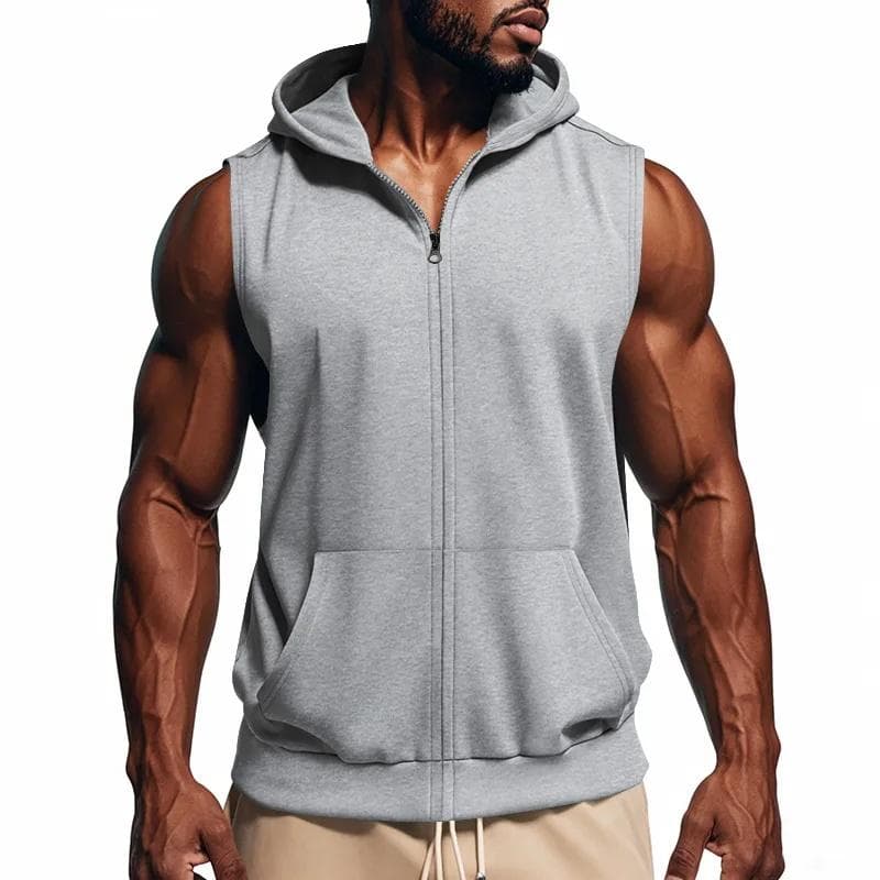 Men's Summer Hooded Zipper Vest Casual Fitness Tank Top Trendy Open Cardigan Sports Vests S light gray