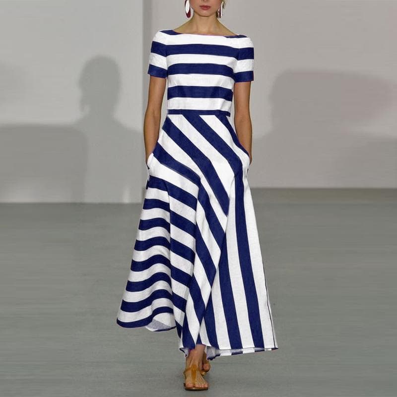 VONDA Women's Summer Raglan Short Sleeve Pocket Asymmetry Stripe Long Dress M dark blue