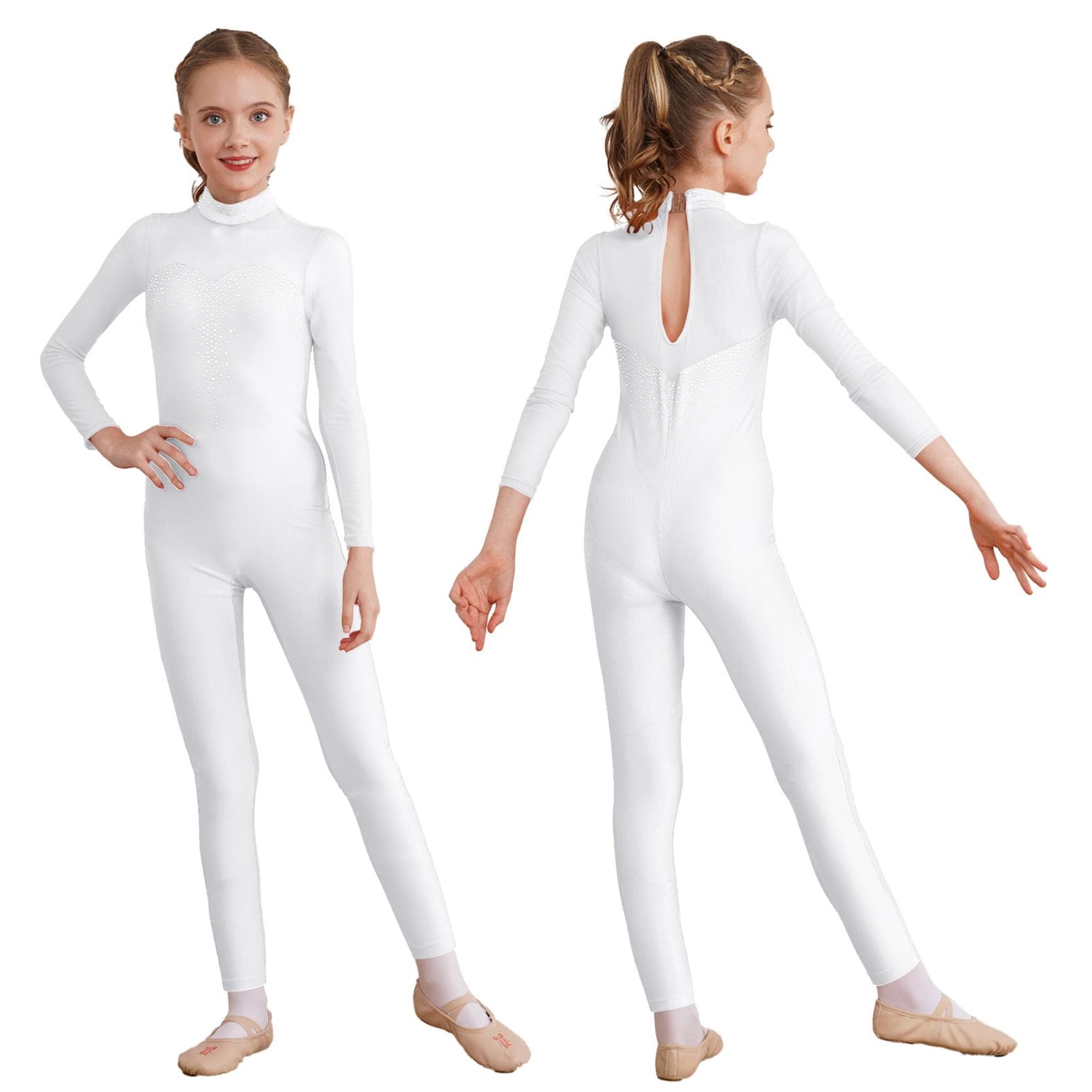 Kids Girls Figure Skating Unitard Shiny Rhinestone Jumpsuit Long Sleeve Bodysuit Gymnastics Dance Performance Costume 7-8 Years white
