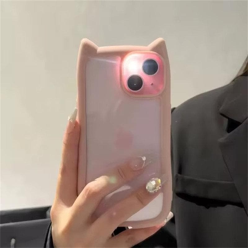 Cute Cat Ear Transparent Case For iPhone 12 13 14 15 16 Pro Max 11 Shockproof Hard Acrylic Back Cover Soft Silicone Kawaii Funda iPhone 12 pink
